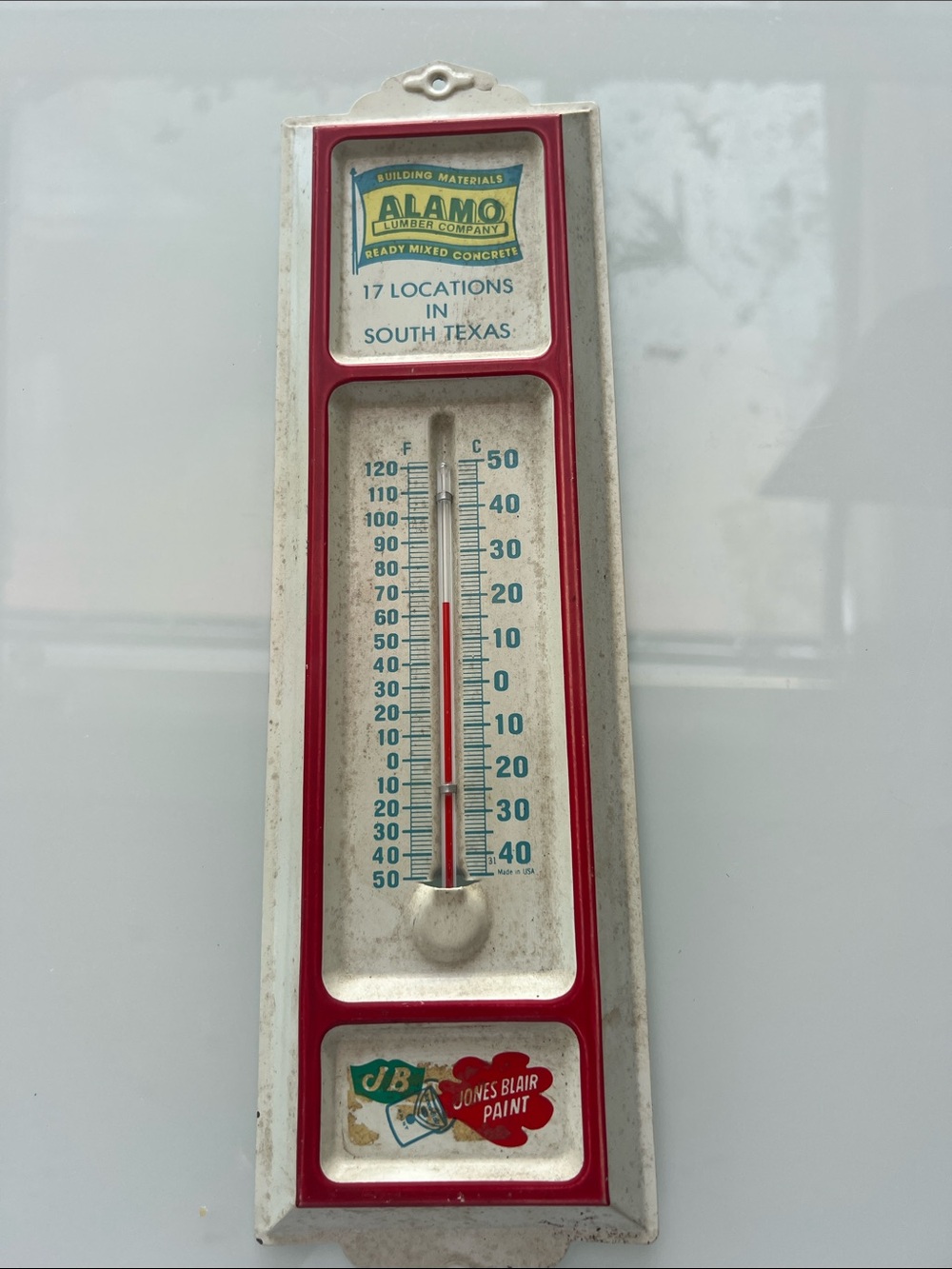 Antique Almo / Jones Blair Red and White Metal Thermometer - Branded
